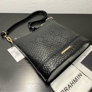 Brahmin Katie BLACK HEMATITE Crossbody Trxtured W/Black & Gold Chain Accents